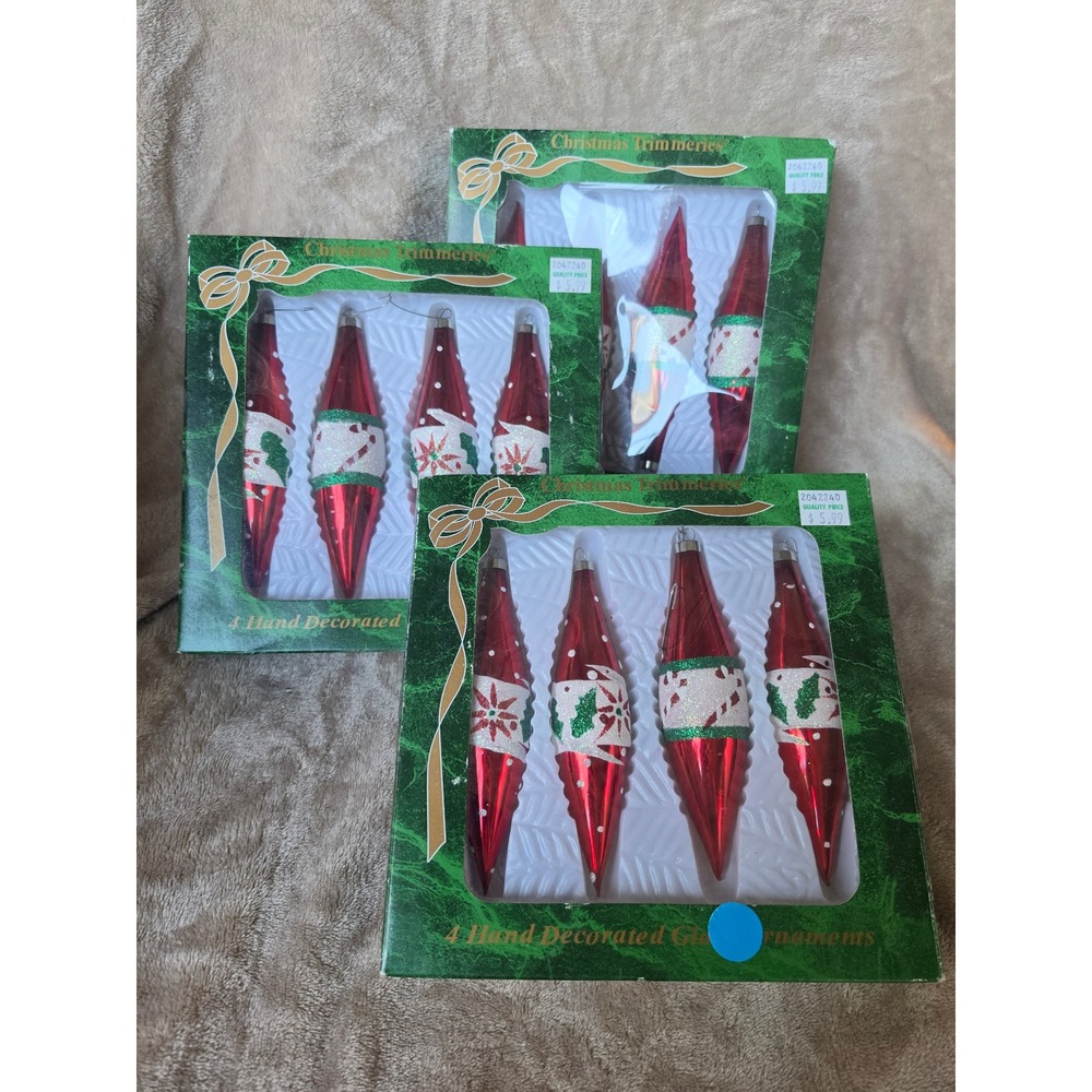Christmas Trimmeries by Bradford Red Glass Ornaments Hand Decorated 3 Boxes of 4